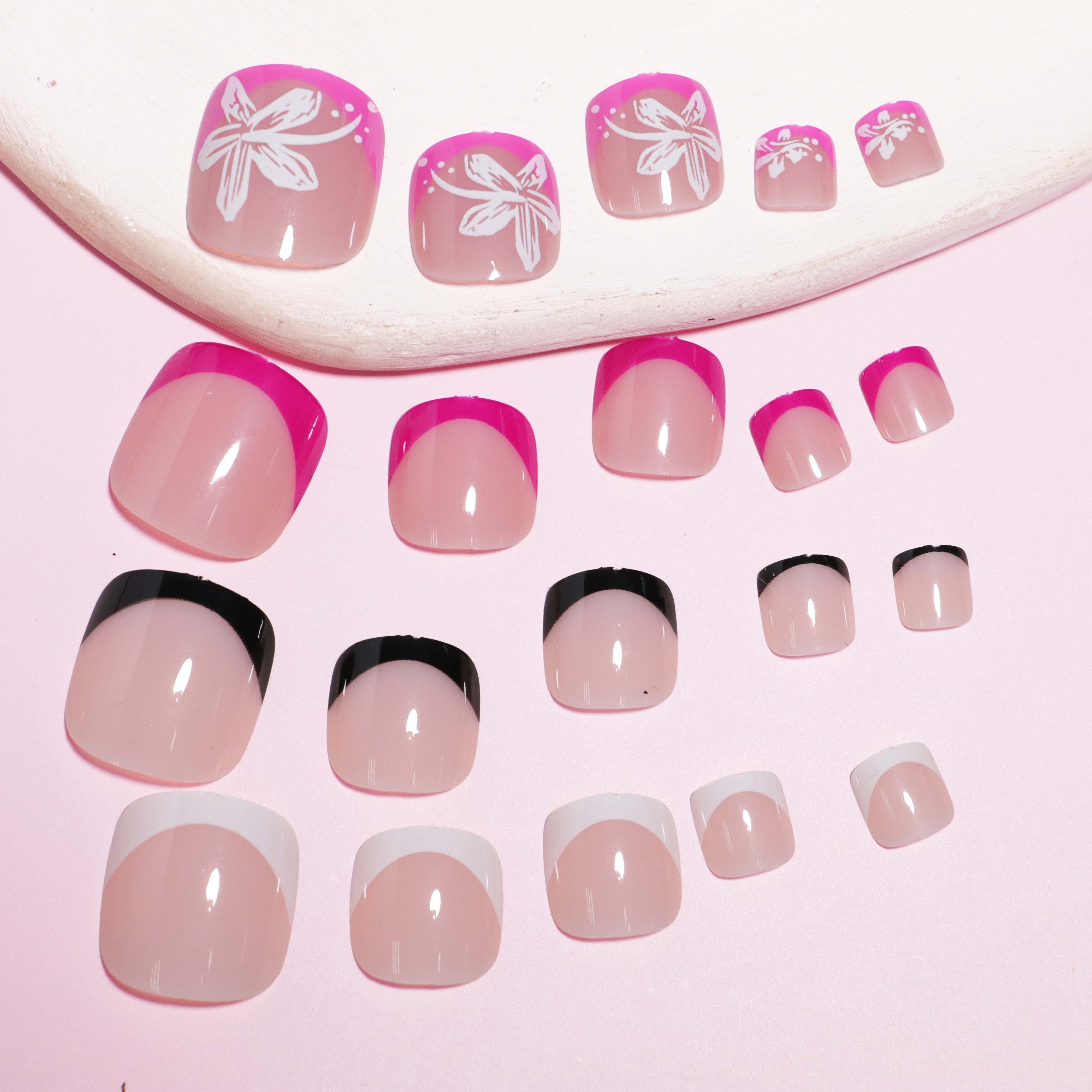 96pcs Pink Tones Short Square Press-On Toenails - Glossy Flower Patterned Fake Toe Nails with Reusable Storage Box for Women And Girls, French Design Summer Nail Art Kit |Bride Nails |Wedding Nails